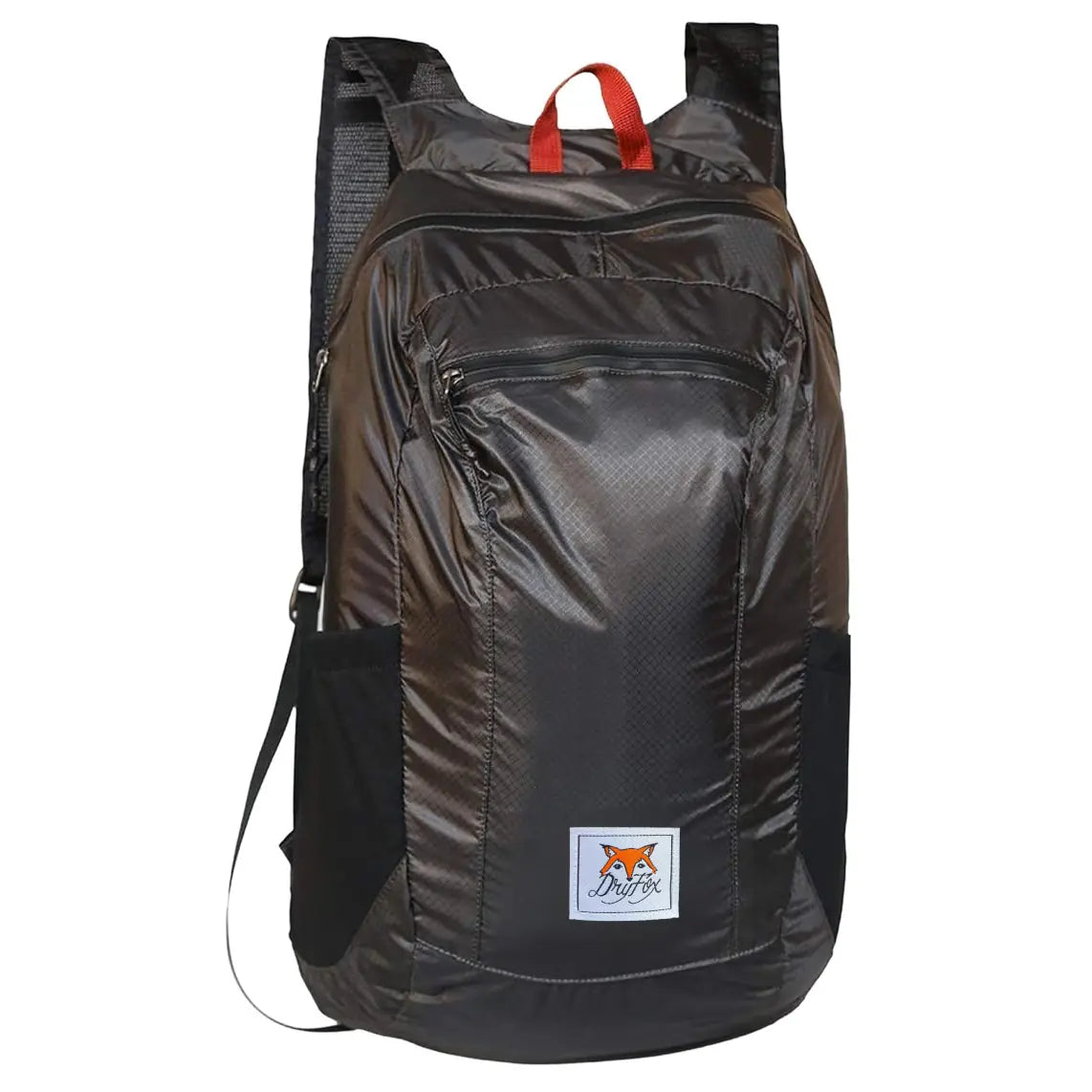 A black waterproof backpack with a red top handle and a small Fox-Paw logo patch on the front pocket, shown against a plain white background.