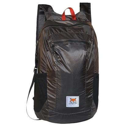 A black waterproof backpack with a red top handle and a small Fox-Paw logo patch on the front pocket, shown against a plain white background.