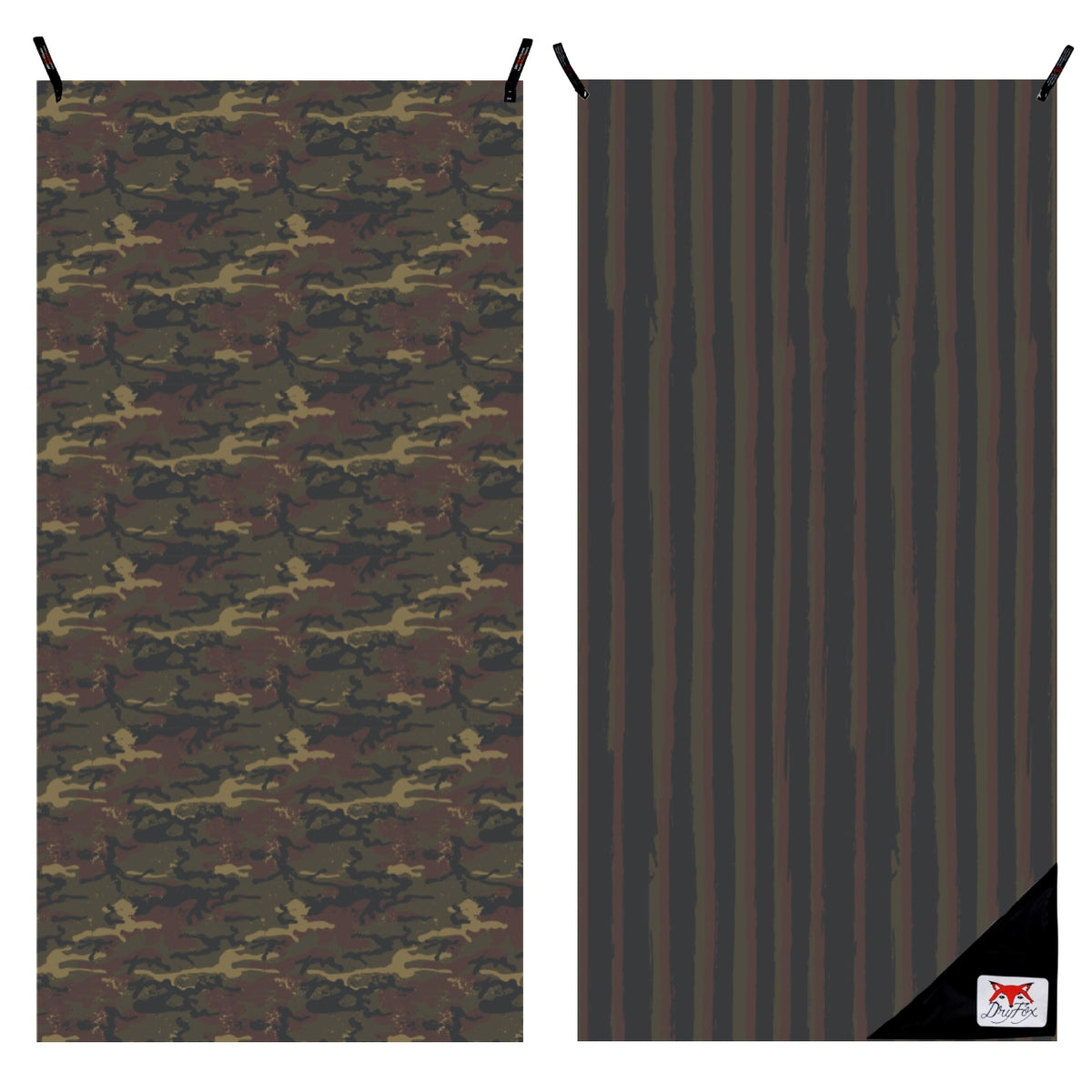 Two rectangular panels showing Camo print towel side by side on a white background. The left panel has an allover camouflage pattern in dark brown, olive green, black, and tan, with black hanging tabs at the top.