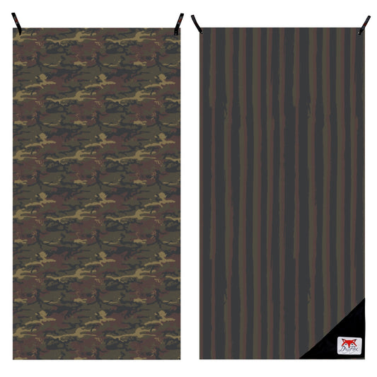 Two rectangular panels showing Camo print towel side by side on a white background. The left panel has an allover camouflage pattern in dark brown, olive green, black, and tan, with black hanging tabs at the top.