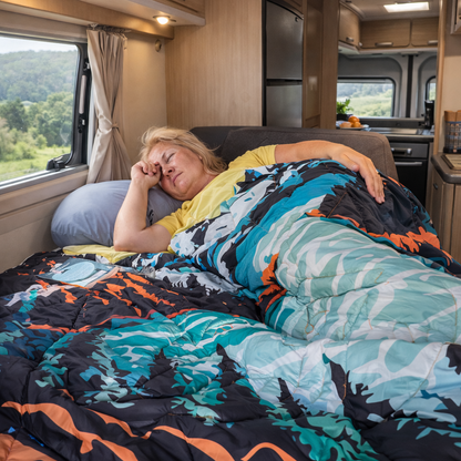 A woman rests in bed inside a camper van, covered with a colorful patterned blanket. 