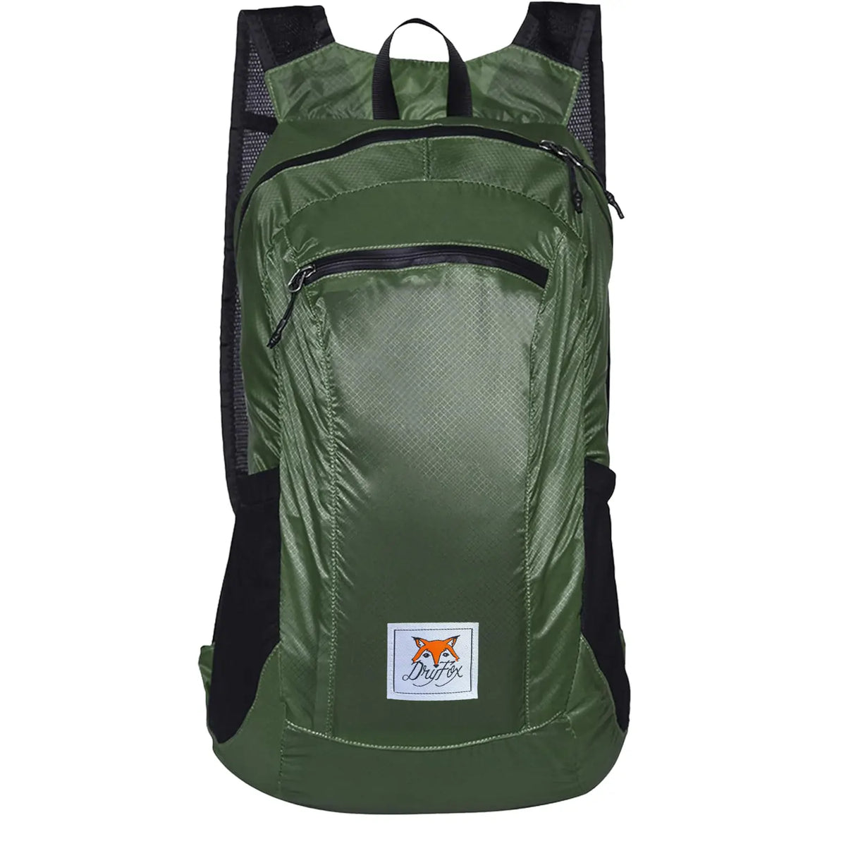 An olive green backpack with black mesh side panels, black zippers, and a white square logo patch featuring an orange fox and the text 'Fox Gear'.