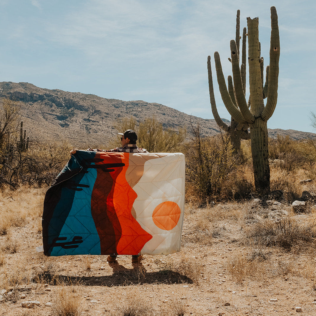 A man stands in a desert landscape holding up a large, folded or draped textile with a bold abstract design in blue, brown, orange, and white. A tall saguaro cactus and mountains are visible in the background under a blue sky.
