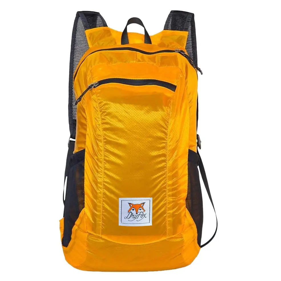 A bright yellow-orange backpack with black mesh side panels, black zippers, and a white square logo patch featuring a fox and the text 'Duck Pack'.