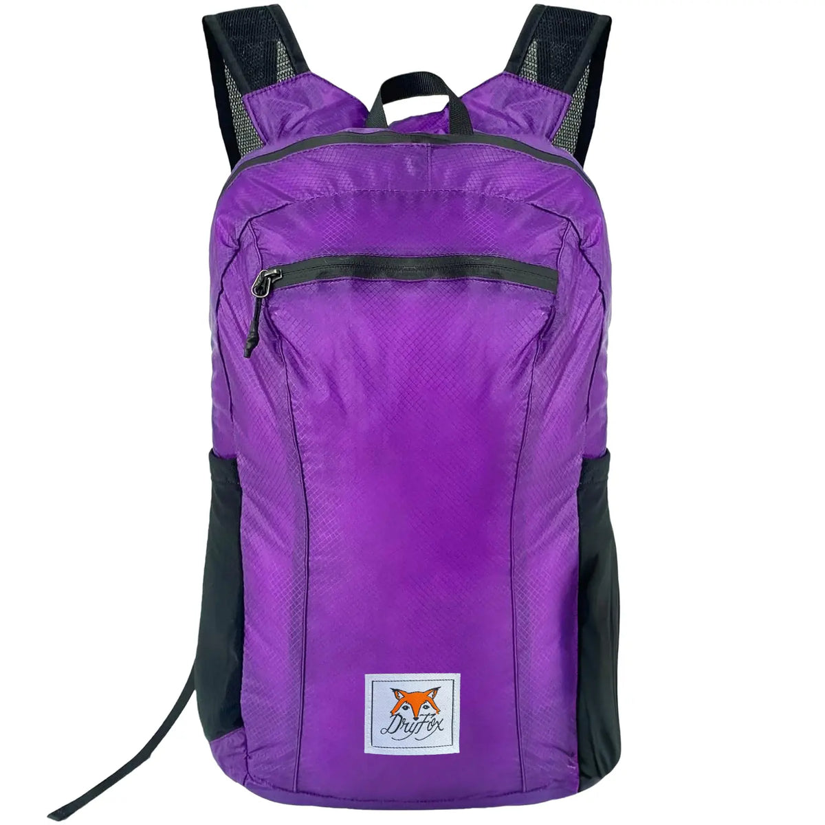 A purple and black backpack with a front zippered pocket and a small Foxpack brand patch on the lower front, shown against a plain white background.