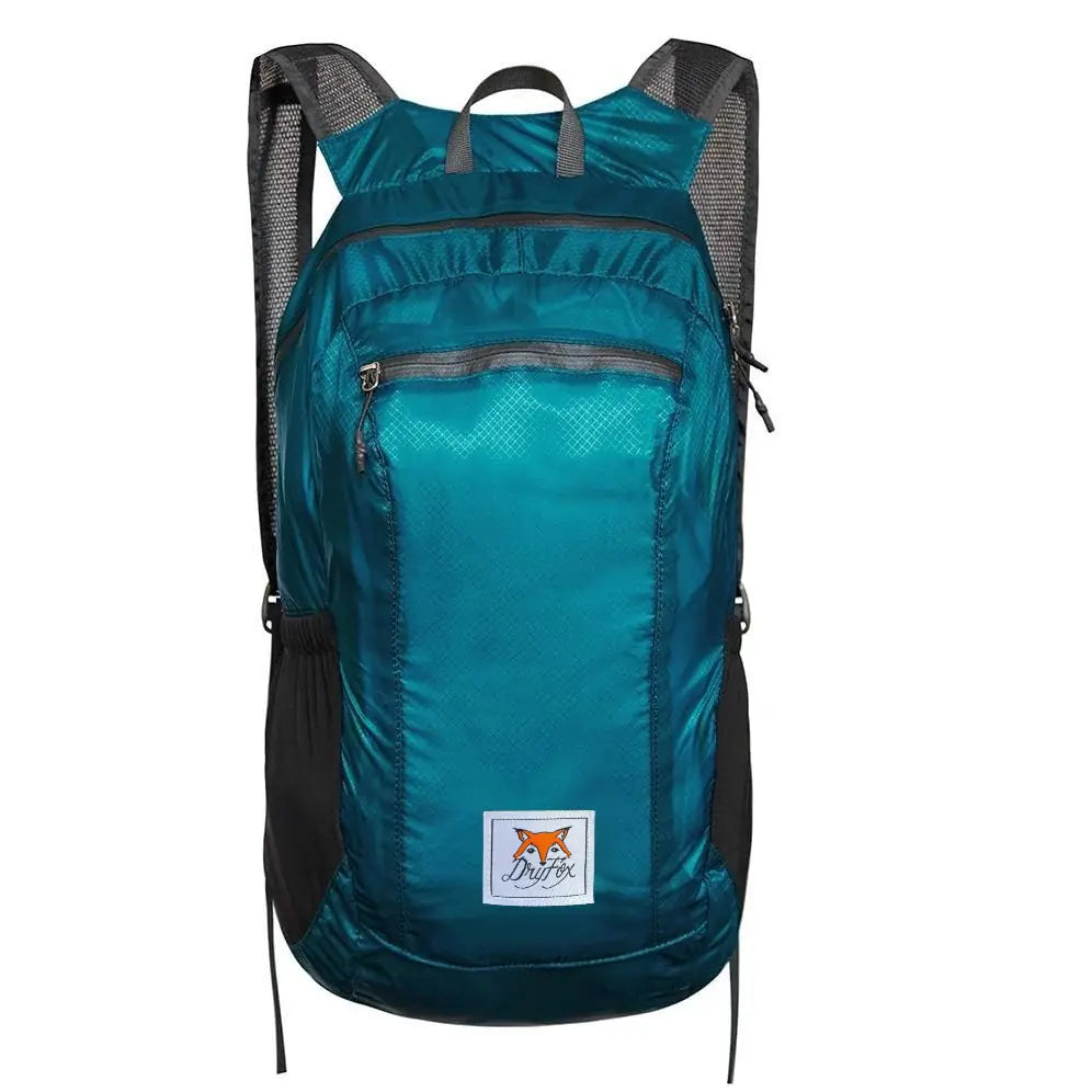 A teal and black backpack with a front zippered pocket and a small square logo patch featuring a fox and the text 'Duck Pack' on a white background.