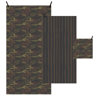 A camouflage and striped camp towel set displayed on a plain white background, including a large beach towel with a woodland camo pattern, a smaller striped pack towel, and a matching washcloth.