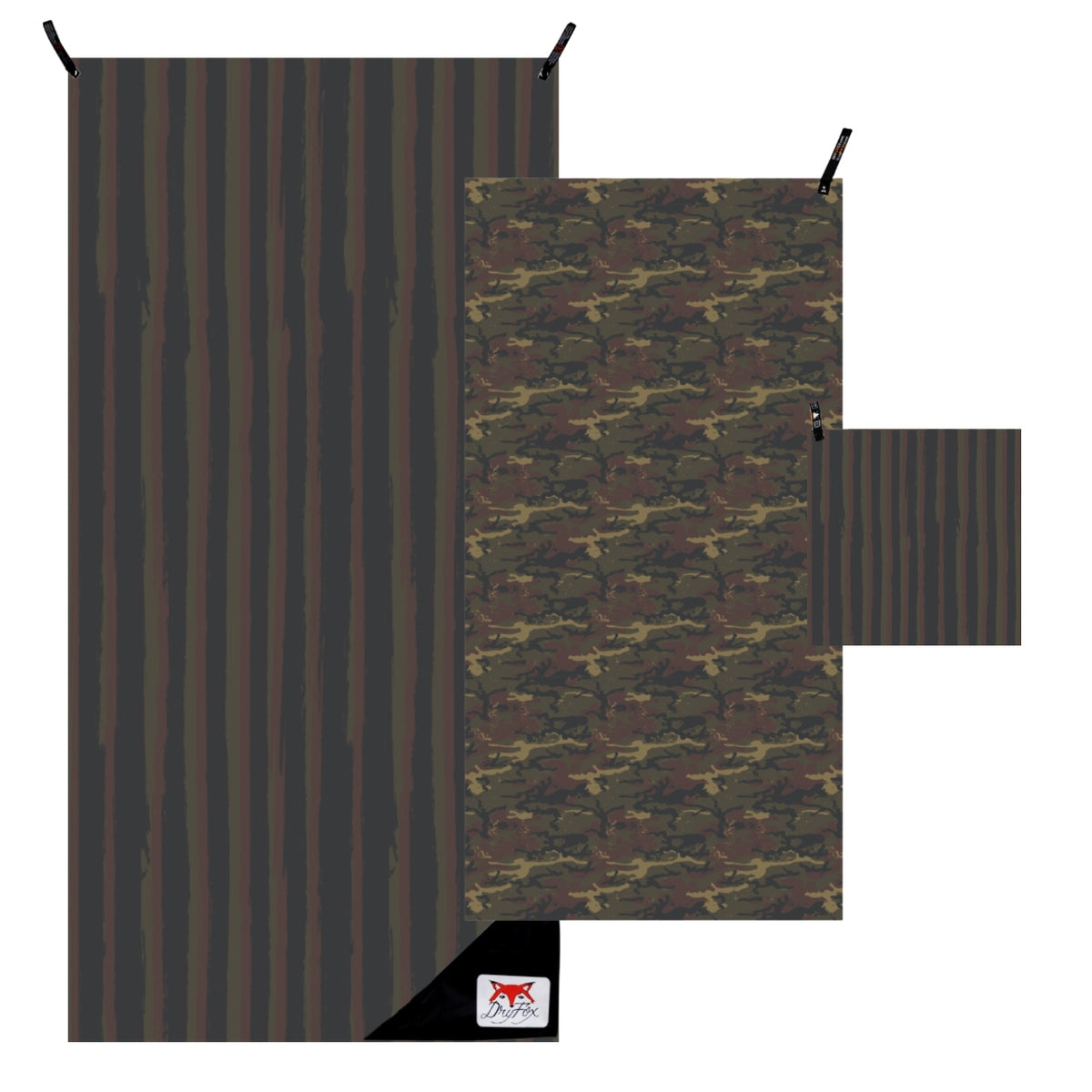 A camouflage and striped towel set shown laid flat on a white background, with a vertical dark brown and black striped panel on the left, a central camouflage panel in brown, green, and tan, and a smaller matching striped panel on the right.
