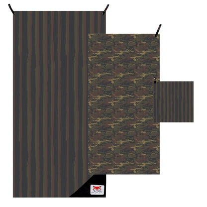 A camouflage and striped towel set shown laid flat on a white background, with a vertical dark brown and black striped panel on the left, a central camouflage panel in brown, green, and tan, and a smaller matching striped panel on the right.
