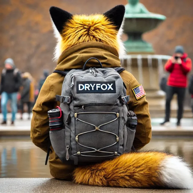 fox wearing dryfox backpack in park packing light