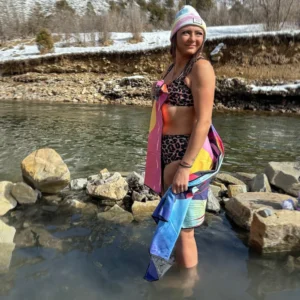 travel towel at a snowy hot spring in winter