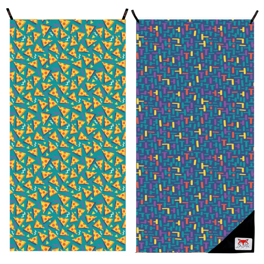 dryfoxco adventure towel party pizza tetris 90s neon beach l