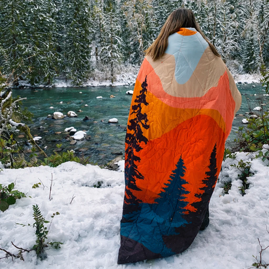 packable blanket worn as a poncho on a cold snowy day